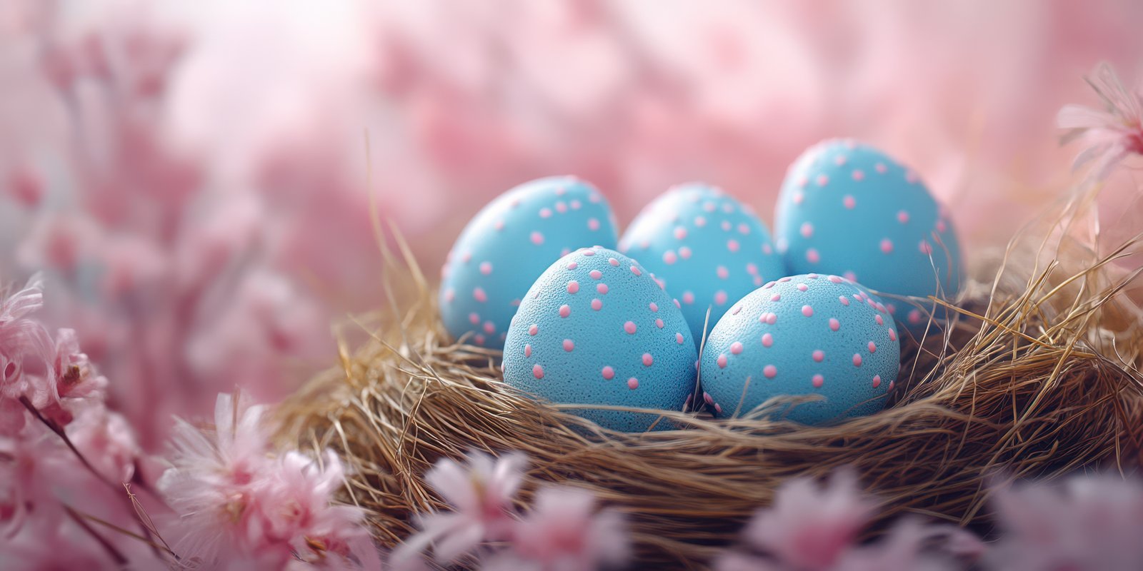 Colorful blue eggs with pink dots nestled in a natural nest surrounded by delicate pink flowers during springtime